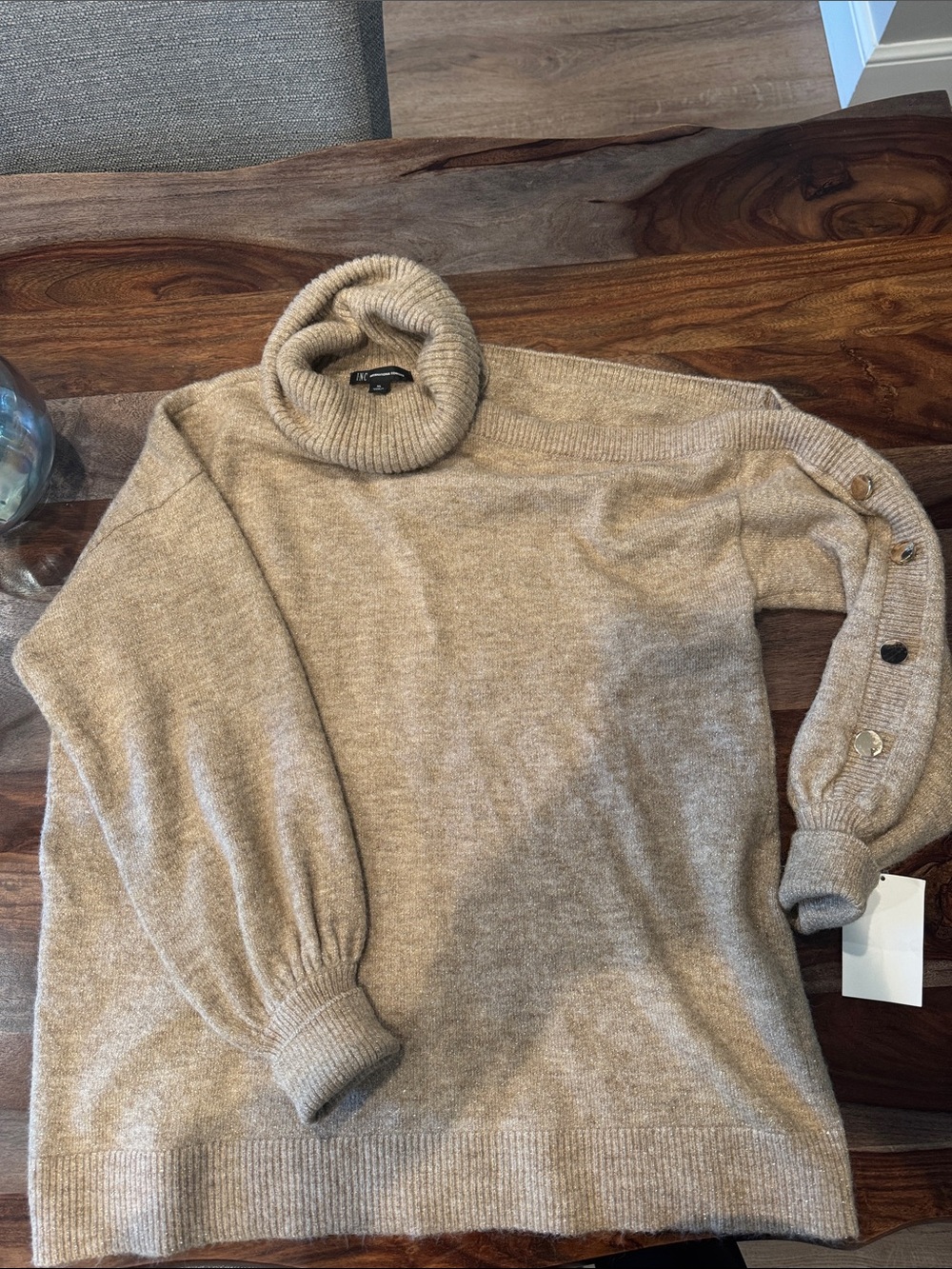 INC International Concepts Beige Turtleneck Sweater with One Cold Shoulder